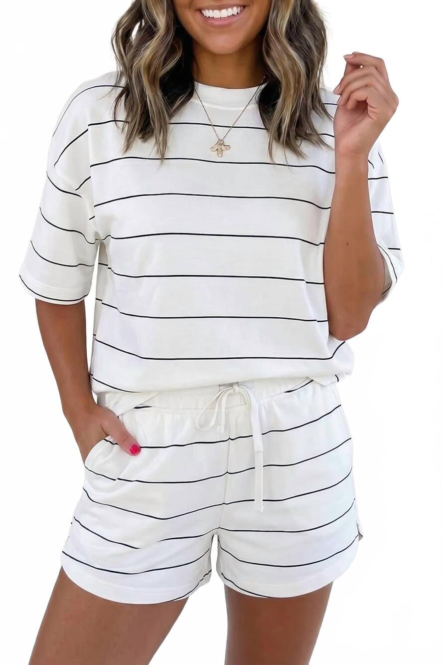 NEW 1 THE WOMAN half sleeve tee drawstring shorts 2-piece set in white stripe